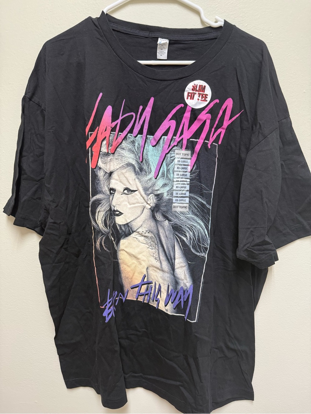 Hot Topic Black Lady Gaga Graphic Tee with Pink and Purple Lettering
